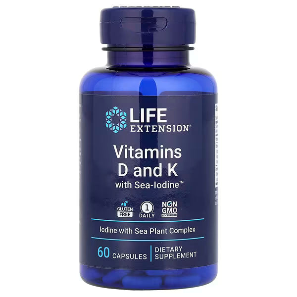 Life Extension, Vitaminas D y K con yodo marino™, 60 cápsulas