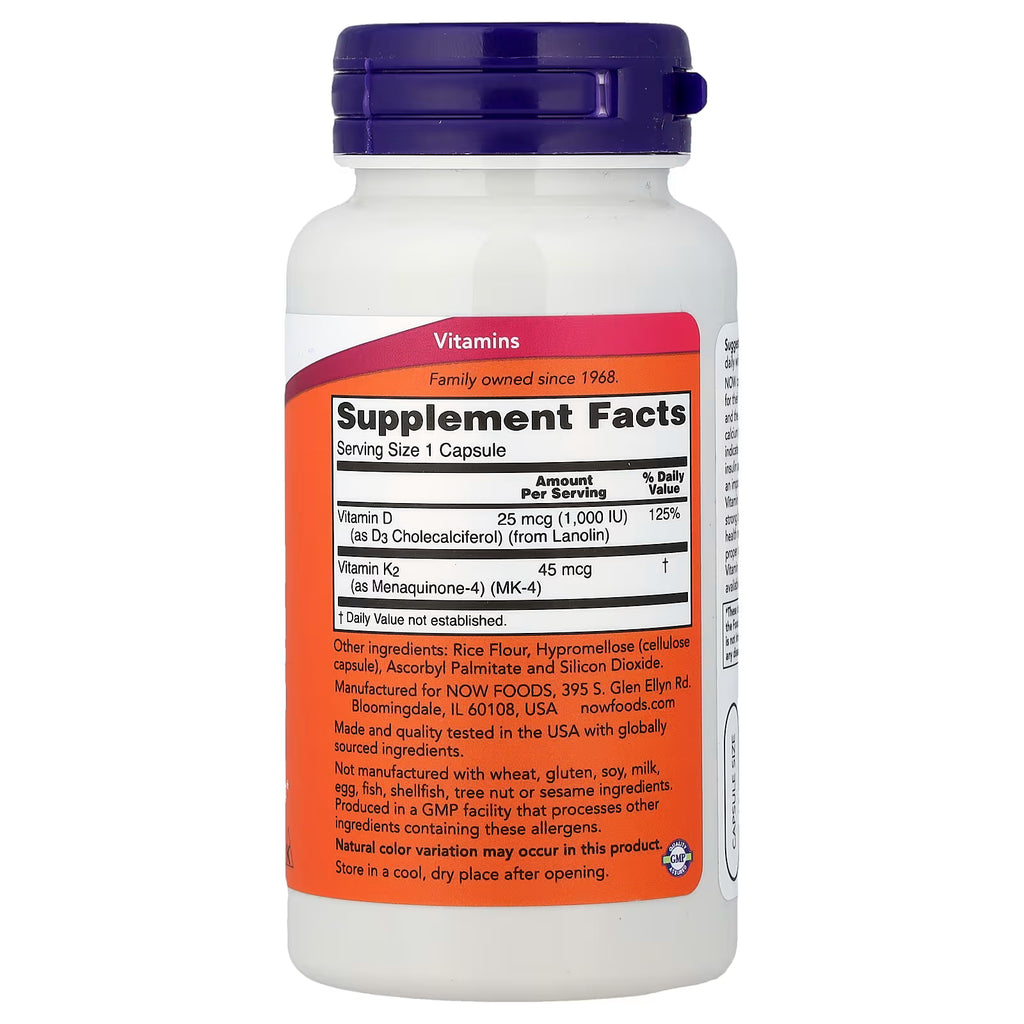 Now Foods Vitamina D3 y K2 120 Cápsulas - Soporte Óseo y Cardiovascular