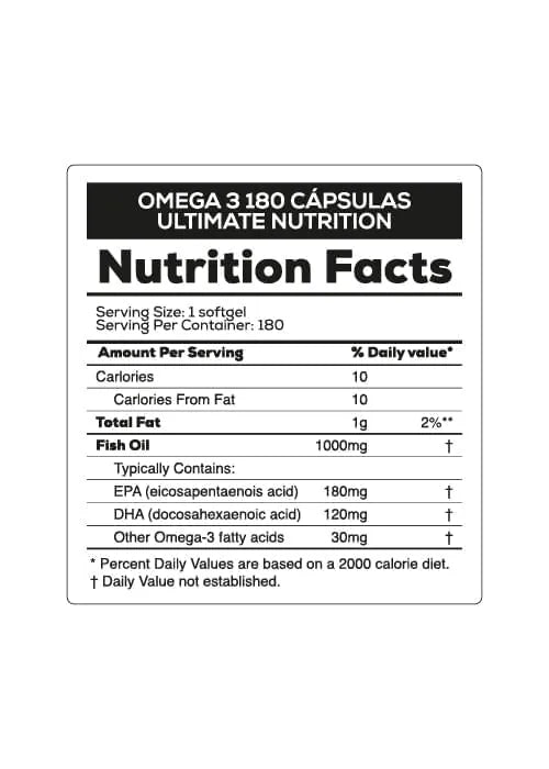 Ultimate Nutrition Omega 3 1000mg 180 Cápsulas Blandas EPA y DHA