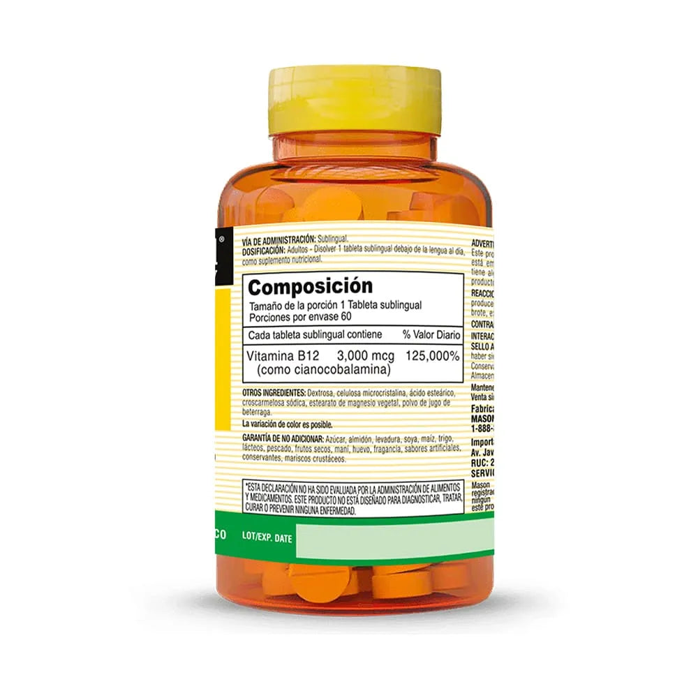 Vitamina B12 3000 mcg Mason Natural Sublingual | Energía y Mente