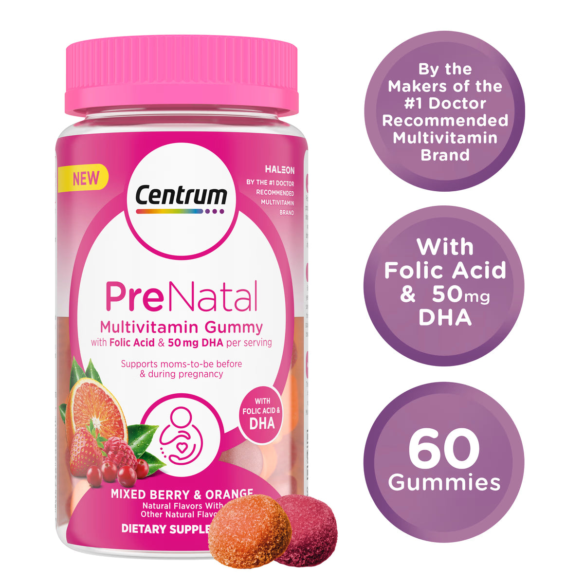Centrum PreNatal Multivitamin Mixed Berry & Orange 60 Gomitas - Multivitamínico Prenatal
