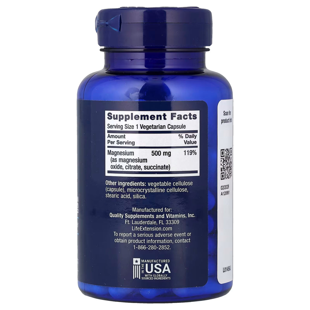 Life Extension, Cápsulas de magnesio, 500 mg, 100 cápsulas vegetarianas
