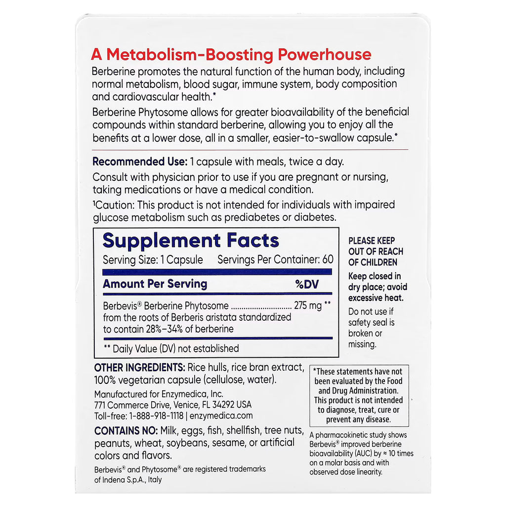 Enzymedica Berberine Phytosome® | Apoyo Metabólico, 60 cápsulas