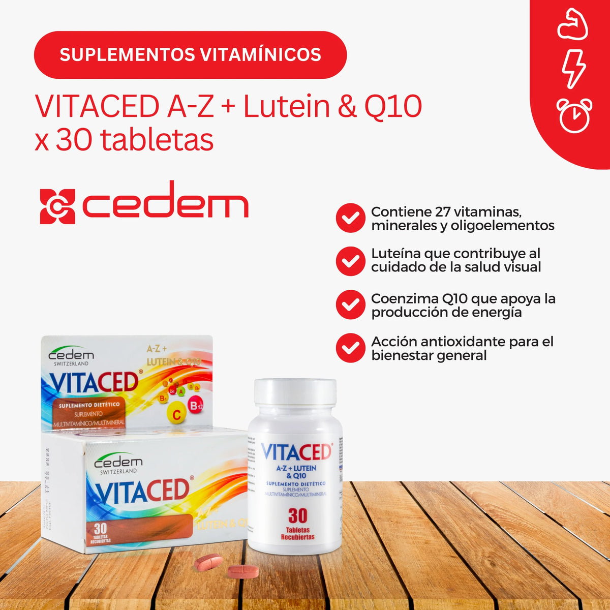 Cedem Vitaced A-Z + Luteína y Q10 | 30 tabletas recubiertas
