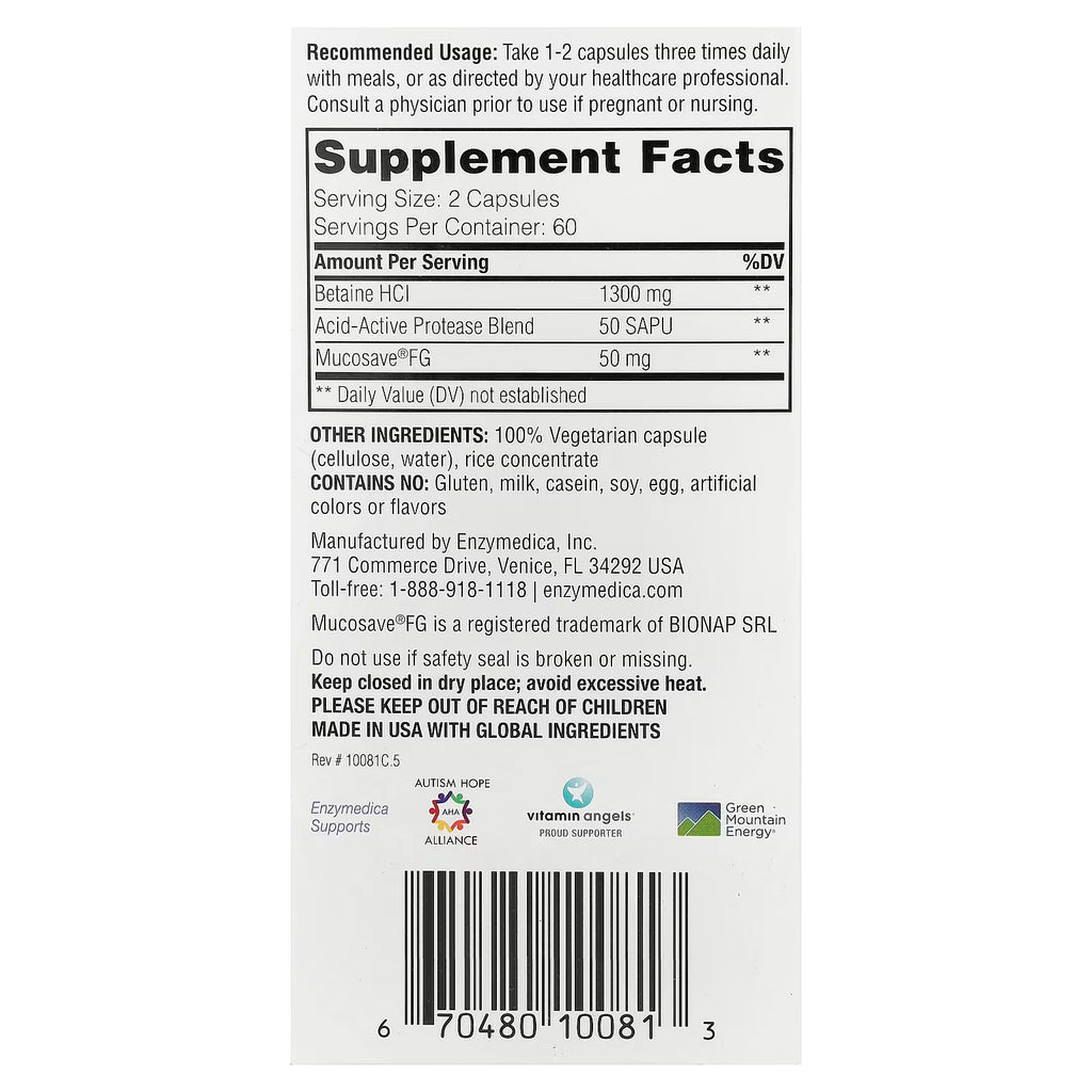 Enzymedica Betaína HCl | Apoyo a la Digestión, 120 cápsulas