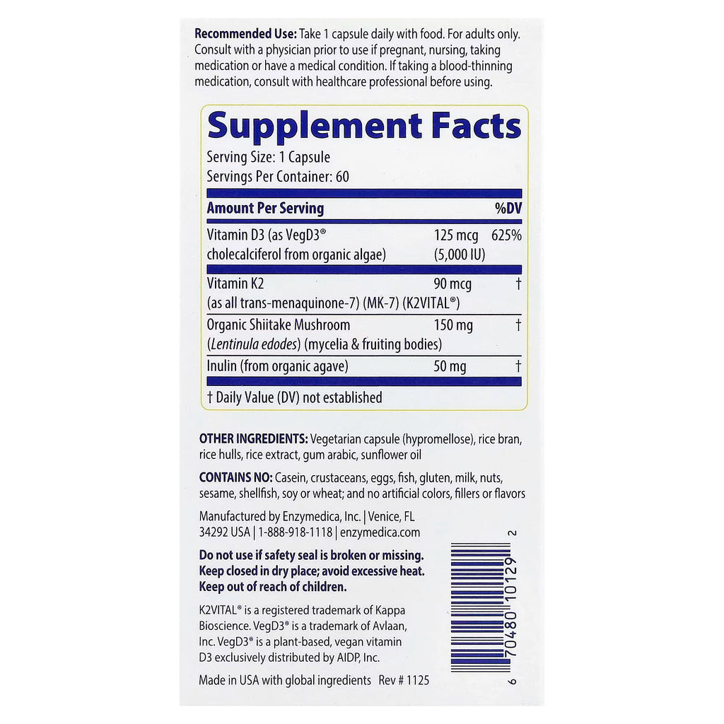 Enzymedica Vitamina D3 5000 UI + K2 | Apoyo Óseo, 60 cápsulas