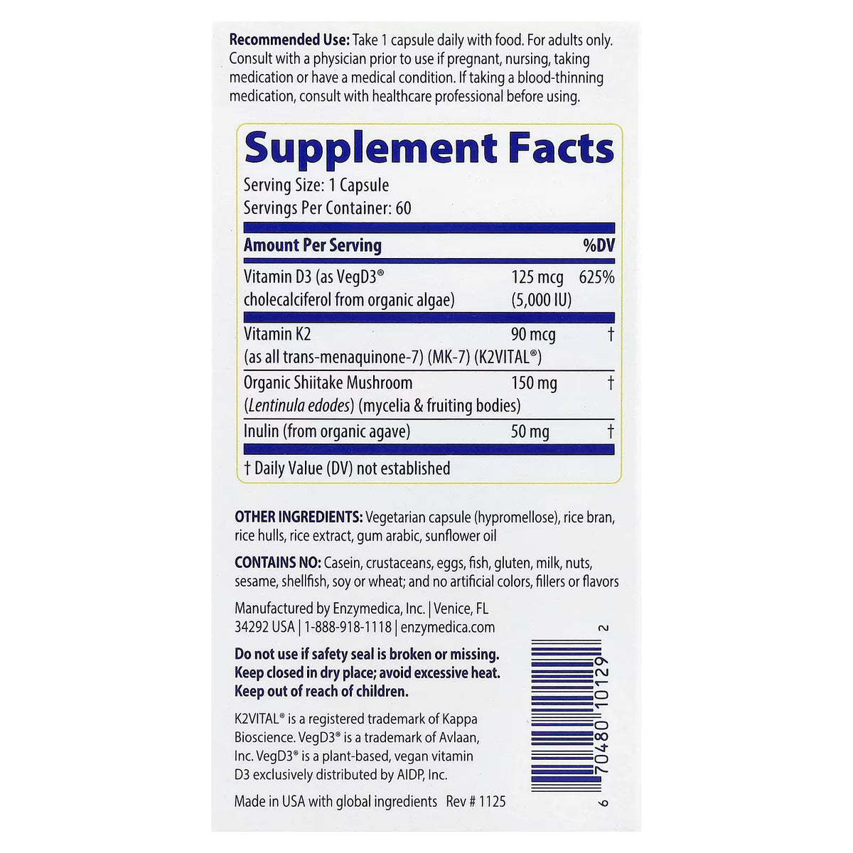 Enzymedica Vitamina D3 5000 UI + K2 | Apoyo Óseo, 60 cápsulas