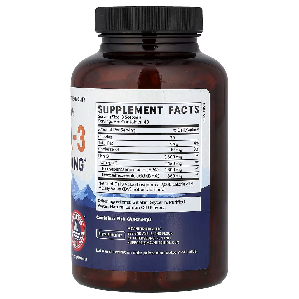 Aceite de pescado omega-3, limón natural, 120 cápsulas blandas