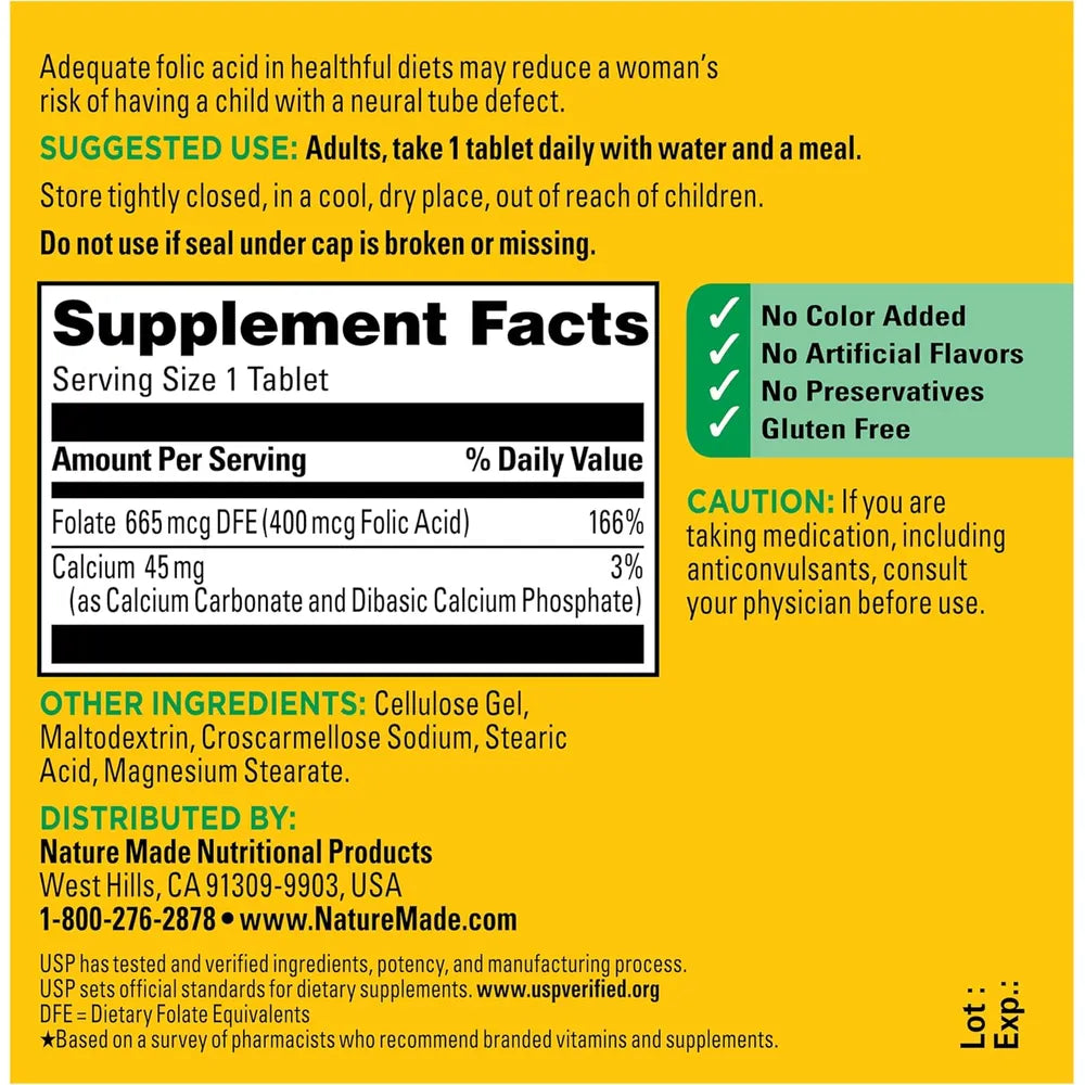 Nature Made Ácido Fólico 400 mcg | 250 Tabletas