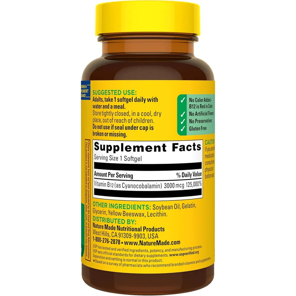 Nature Made Vitamina B12 Extra Strength 3000 mcg – 60 cápsulas blandas