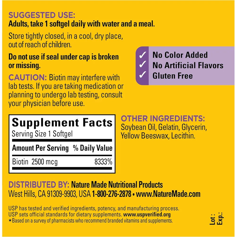 Nature Made Biotina 2500 mcg – 150 cápsulas blandas