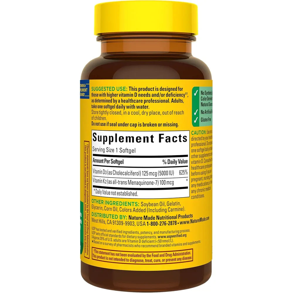 Nature Made Vitamina D3 5000 UI + K2 MK-7 100 mcg – 30 cápsulas blandas