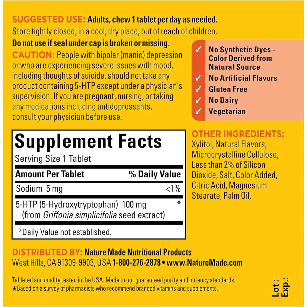 Nature Made 5-HTP 100 mg | 30 tabletas masticables naranja cítrica