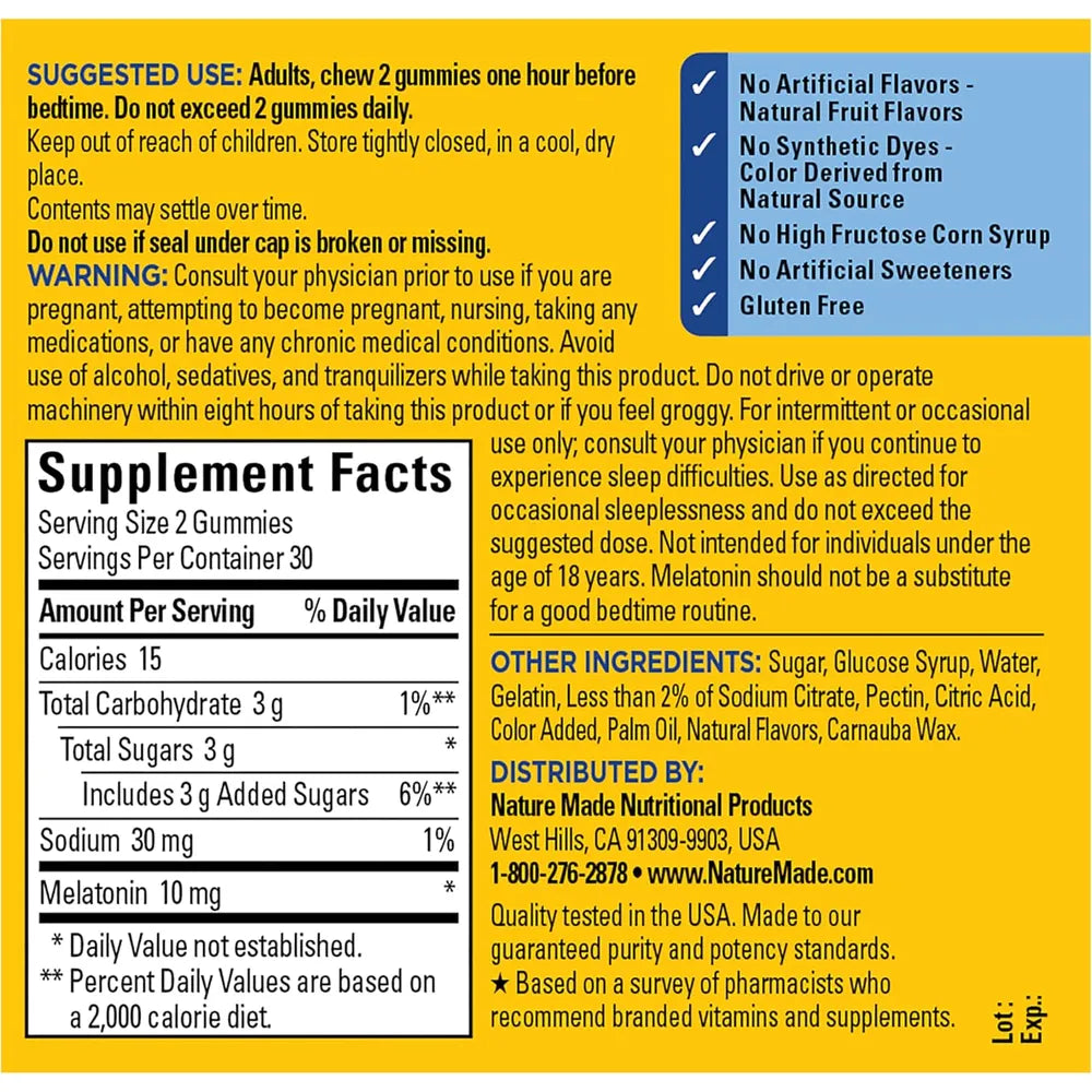 Nature Made Melatonina de liberación prolongada 10 mg por porción – 60 gomitas