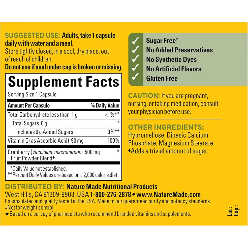 Nature Made Cranberry 500 mg + Vitamina C | 60 cápsulas