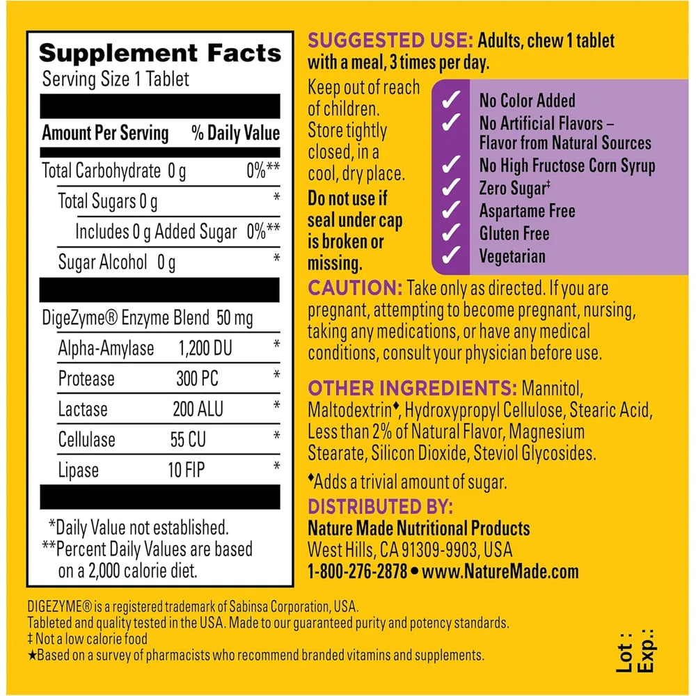 Nature Made Enzimas Digestivas 5 en 1 – 90 tabletas masticables